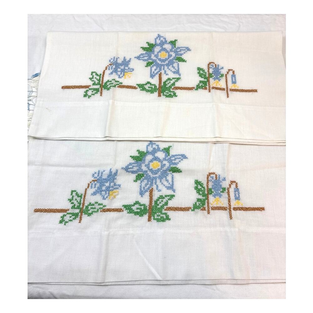Pair of Vintage Hand-Embroidered Standard Pillowcases Cross Stitch Blue Floral